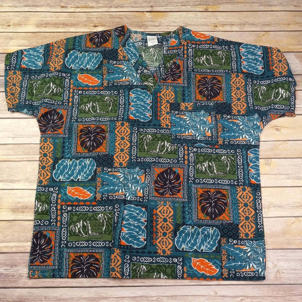 UA Chef Shirt Medium Tropical Hawaiian Pullover Green Orange Leaves Tiki Hut